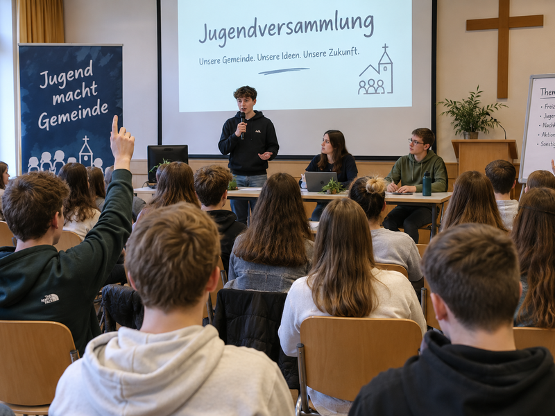 Ein Jugendsprecher spricht vor einem Publikum auf einer Jugendversammlung, während andere Mitglieder am Tisch sitzen und Teilnehmer ihre Hände heben, um Fragen zu stellen.