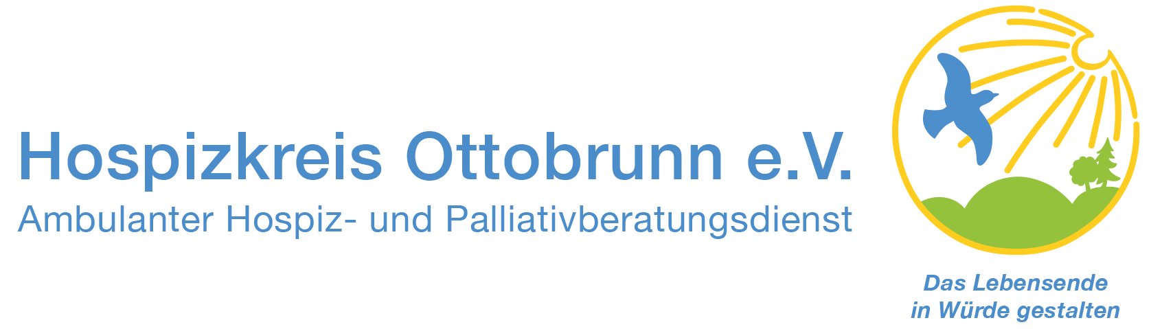 Das Logo zeigt den Schriftzug "Hospizkreis Ottobrunn e.V. Ambulanter Hospiz- und Palliativberatungsdienst" in Blau neben einer Grafik mit einem Vogel, der über eine Landschaft mit einem Baum fliegt, während die Sonne im Hintergrund strahlt.